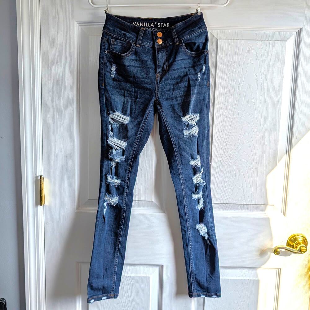 Vanilla Star Mid Rise Distressed Skinny Jeans Size 1 Double Button Dark Wash